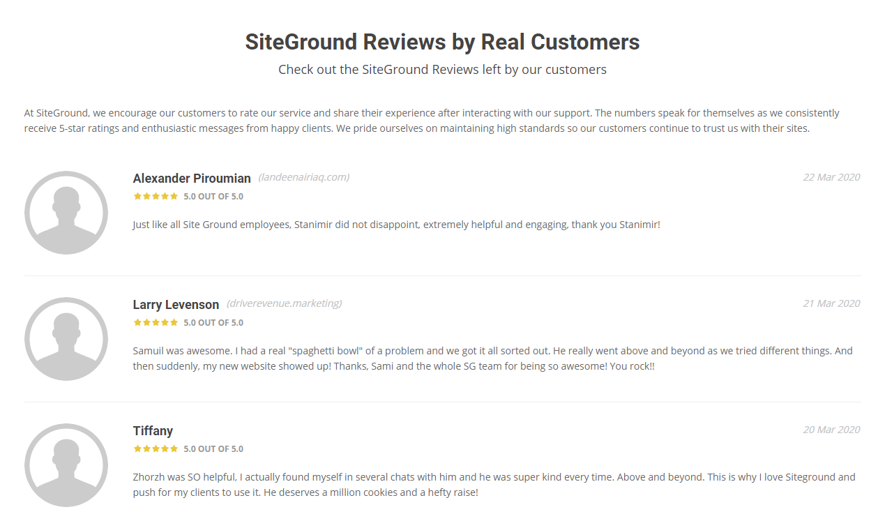 SiteGround customer reviews page